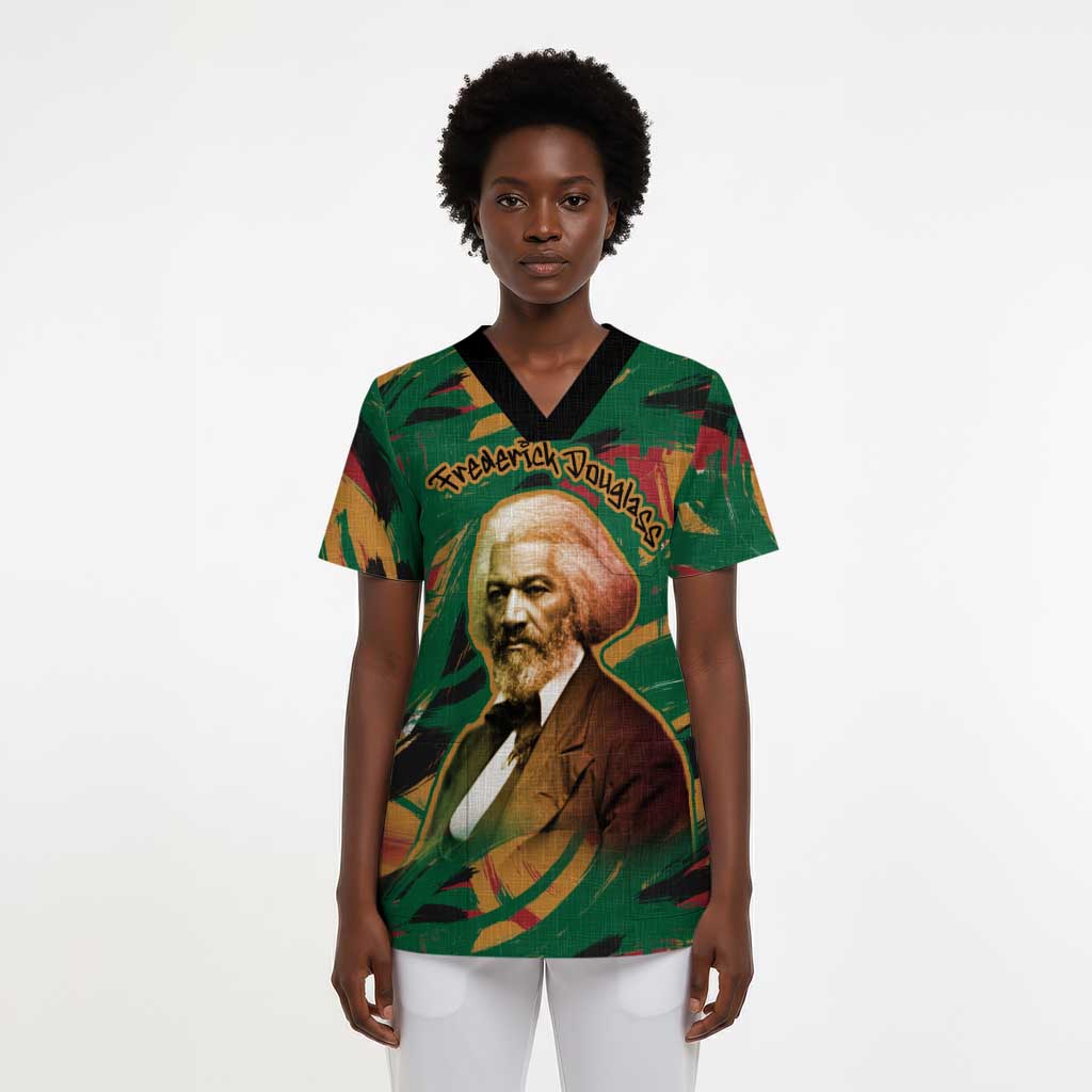 Frederick Douglass Scrub Top Green Abstract Design Civil Rights Leader Quote on Race and Humanity - African Pride