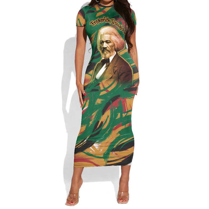 Frederick Douglass Short Sleeve Bodycon Dress Green Abstract Design Civil Rights Leader Quote on Race and Humanity TS04