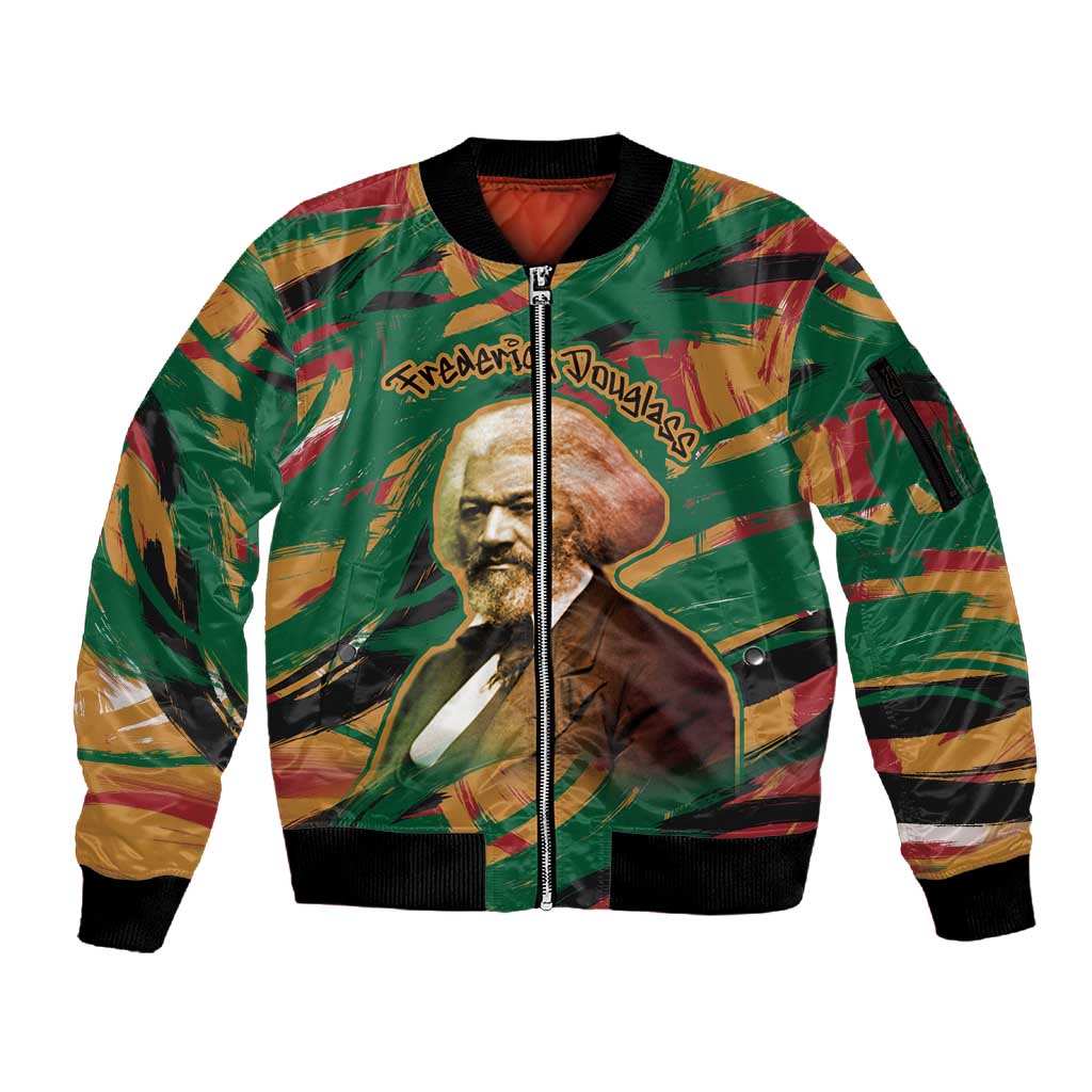 Frederick Douglass Sleeve Zip Bomber Jacket Green Abstract Design Civil Rights Leader Quote on Race and Humanity - African Pride