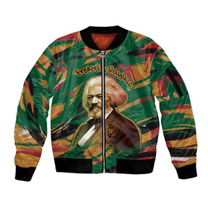 Frederick Douglass Sleeve Zip Bomber Jacket Green Abstract Design Civil Rights Leader Quote on Race and Humanity - African Pride