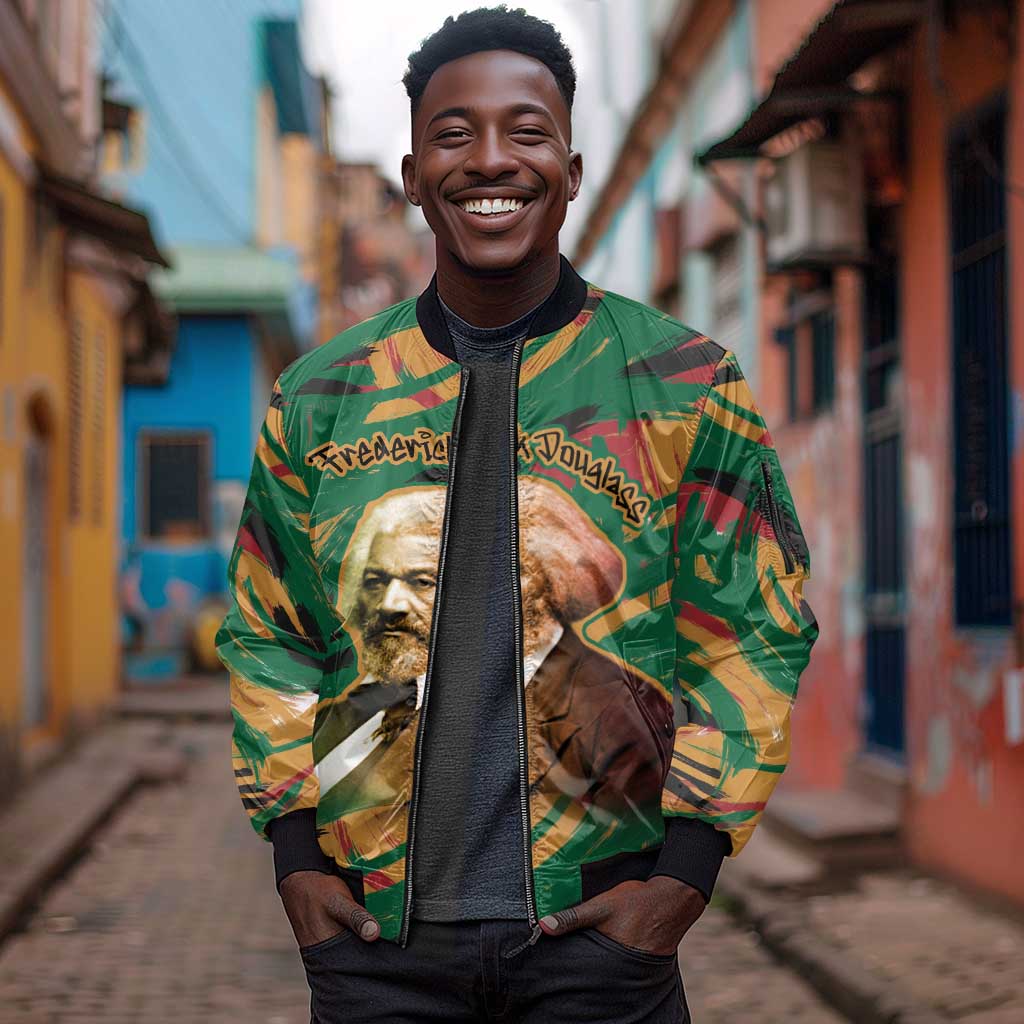 Frederick Douglass Sleeve Zip Bomber Jacket Green Abstract Design Civil Rights Leader Quote on Race and Humanity - African Pride