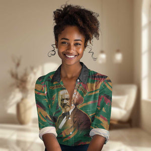 Frederick Douglass Women Casual Shirt Green Abstract Design Civil Rights Leader Quote on Race and Humanity - African Pride