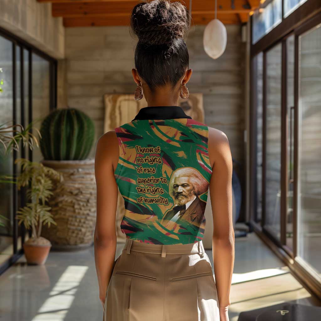 Frederick Douglass Women Sleeveless Polo Shirt Green Abstract Design Civil Rights Leader Quote on Race and Humanity - African Pride