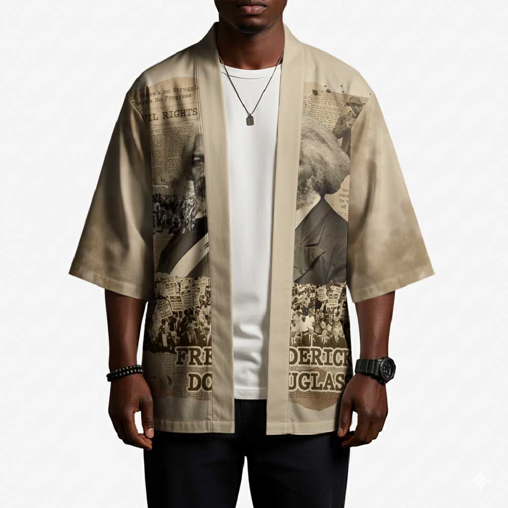 Frederick Douglass Kimono Sepia Newspaper Collage Civil Rights March Historic Quote Design - African Pride
