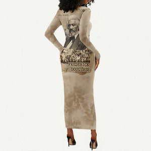 Frederick Douglass Long Sleeve Bodycon Dress Sepia Newspaper Collage Civil Rights March Historic Quote Design - African Pride