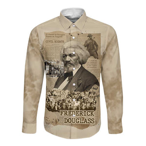 Frederick Douglass Long Sleeve Button Shirt Sepia Newspaper Collage Civil Rights March Historic Quote Design - African Pride