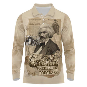 Frederick Douglass Long Sleeve Polo Shirt Sepia Newspaper Collage Civil Rights March Historic Quote Design - African Pride