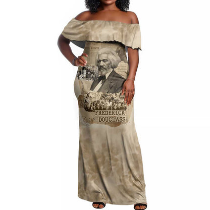 Frederick Douglass Off Shoulder Maxi Dress Sepia Newspaper Collage Civil Rights March Historic Quote Design - African Pride
