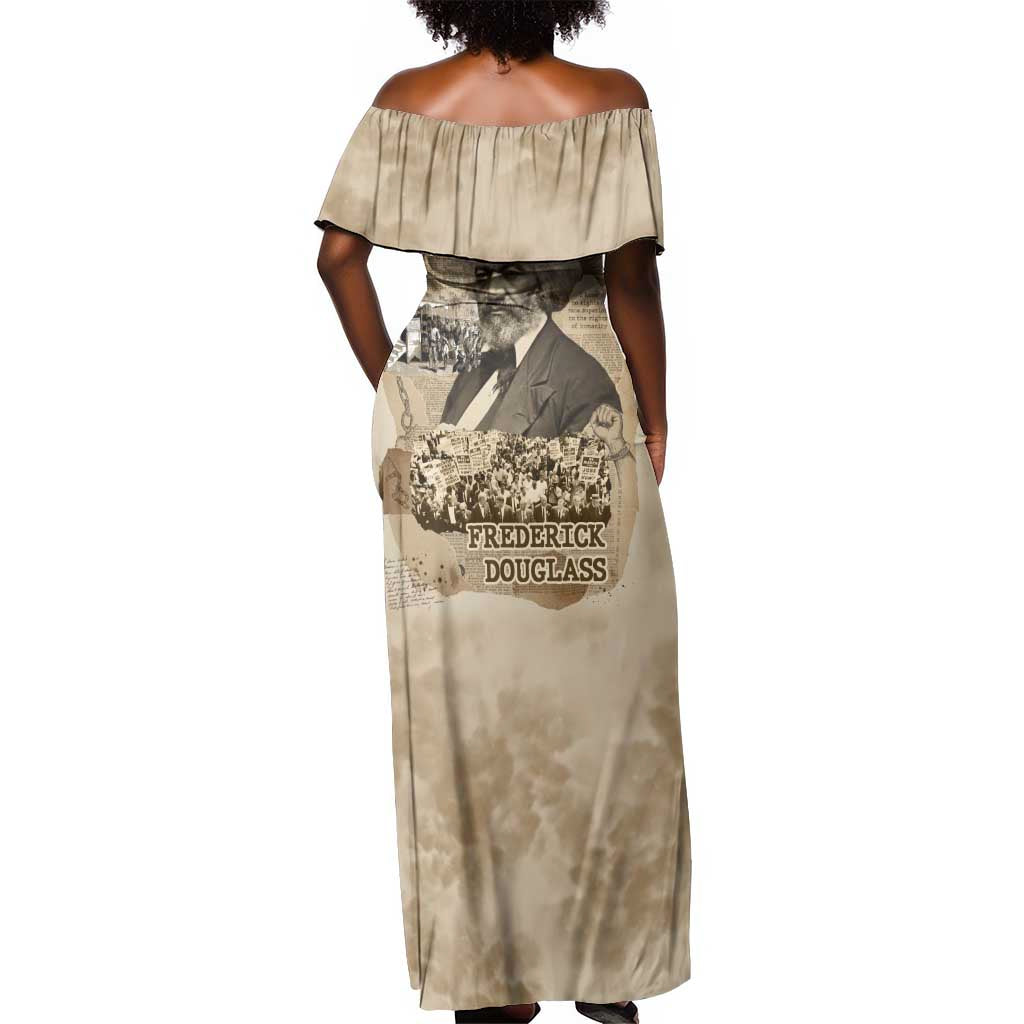 Frederick Douglass Off Shoulder Maxi Dress Sepia Newspaper Collage Civil Rights March Historic Quote Design - African Pride