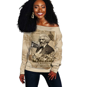 Frederick Douglass Off Shoulder Sweater Sepia Newspaper Collage Civil Rights March Historic Quote Design - African Pride
