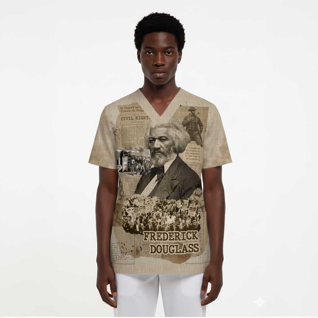 Frederick Douglass Scrub Top Sepia Newspaper Collage Civil Rights March Historic Quote Design - African Pride