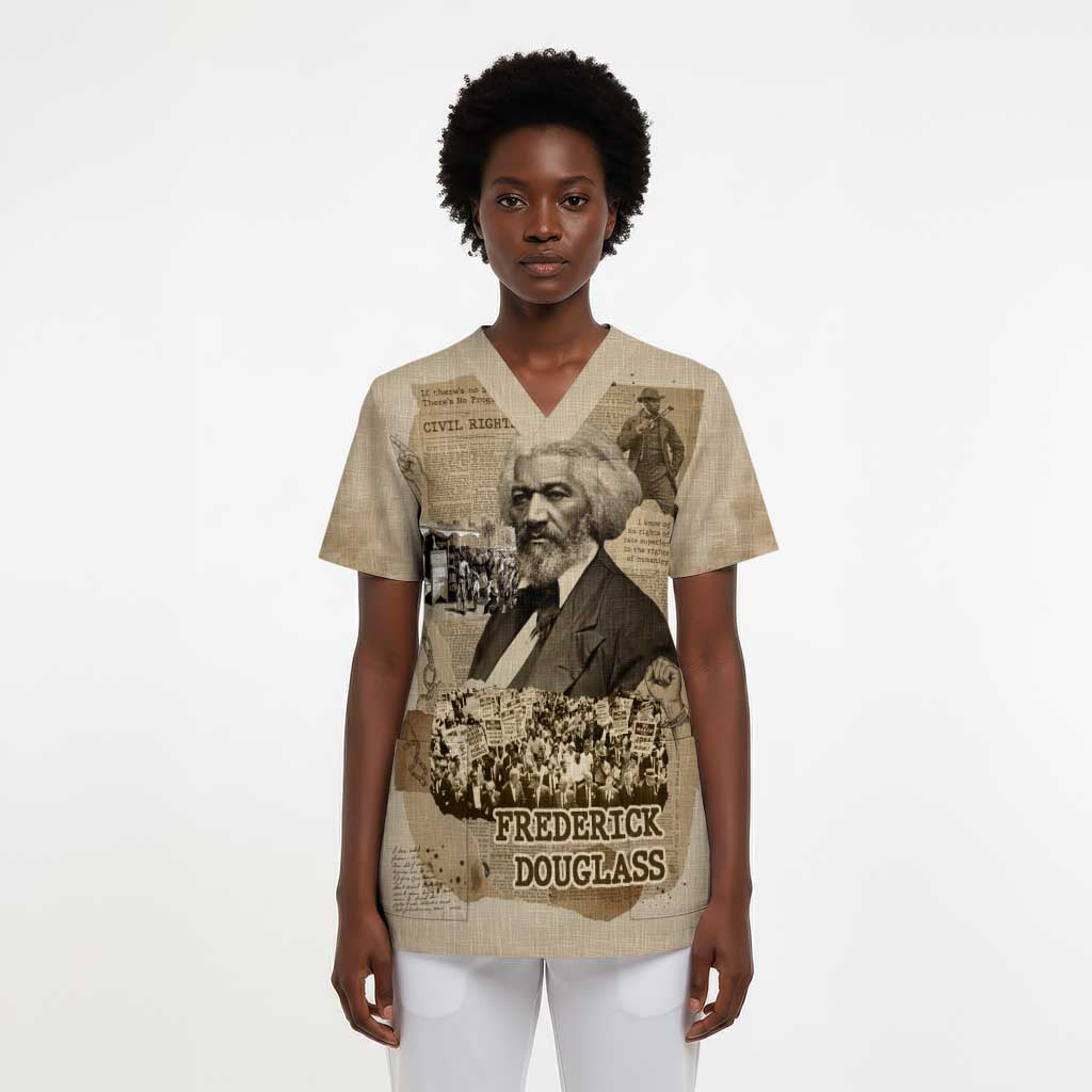 Frederick Douglass Scrub Top Sepia Newspaper Collage Civil Rights March Historic Quote Design - African Pride
