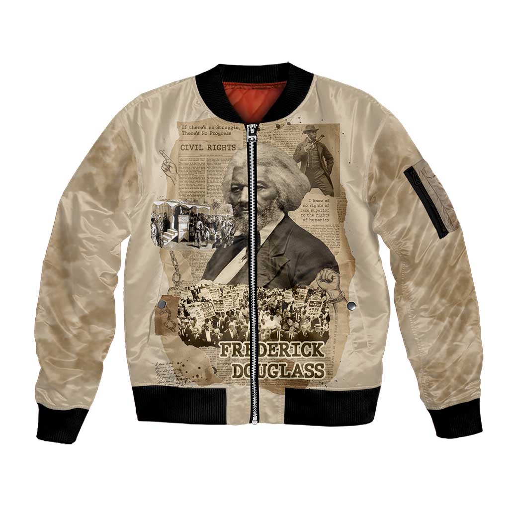 Frederick Douglass Sleeve Zip Bomber Jacket Sepia Newspaper Collage Civil Rights March Historic Quote Design - African Pride