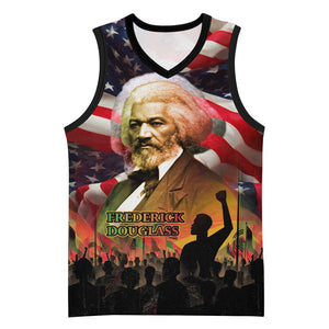 Frederick Douglass Basketball Jersey American Flag Background Powerful Quote Build Strong Children Civil Rights Tribute - African Pride