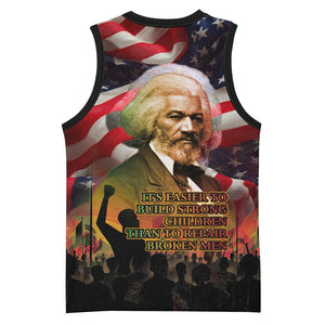 Frederick Douglass Basketball Jersey American Flag Background Powerful Quote Build Strong Children Civil Rights Tribute - African Pride