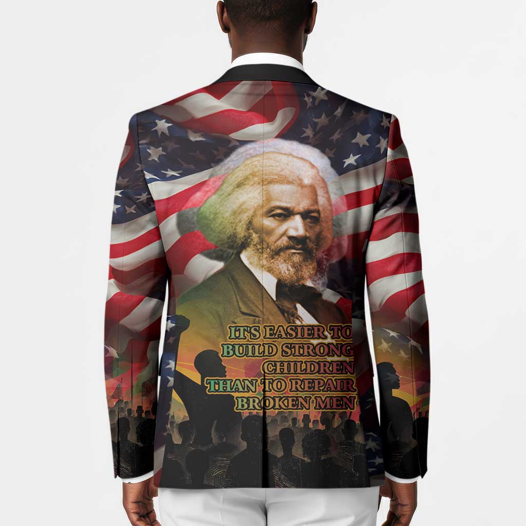 Frederick Douglass Blazer American Flag Background Powerful Quote Build Strong Children Civil Rights Tribute - African Pride