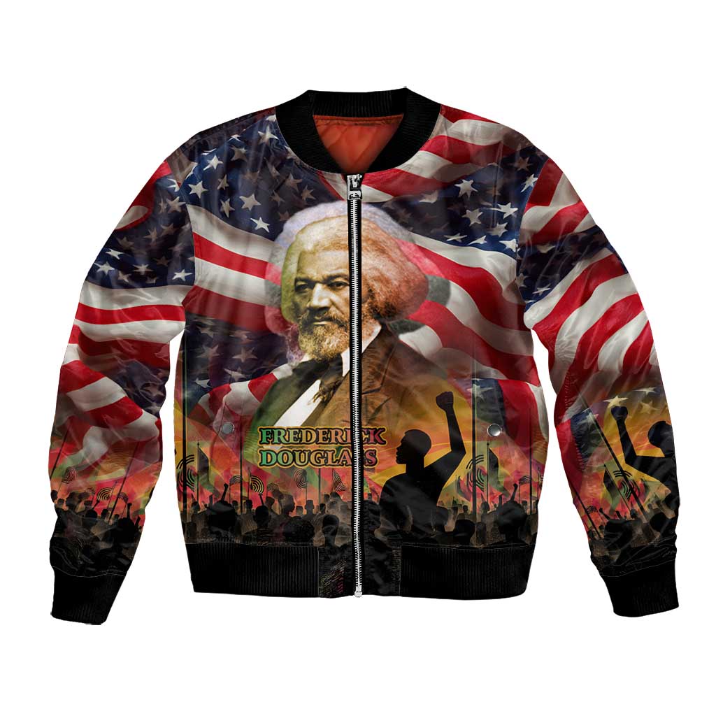Frederick Douglass Bomber Jacket American Flag Background Powerful Quote Build Strong Children Civil Rights Tribute - African Pride
