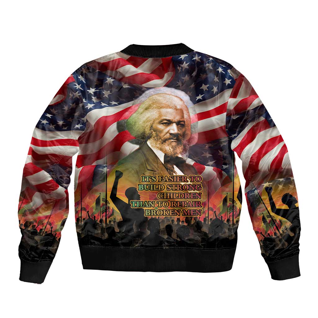 Frederick Douglass Bomber Jacket American Flag Background Powerful Quote Build Strong Children Civil Rights Tribute - African Pride