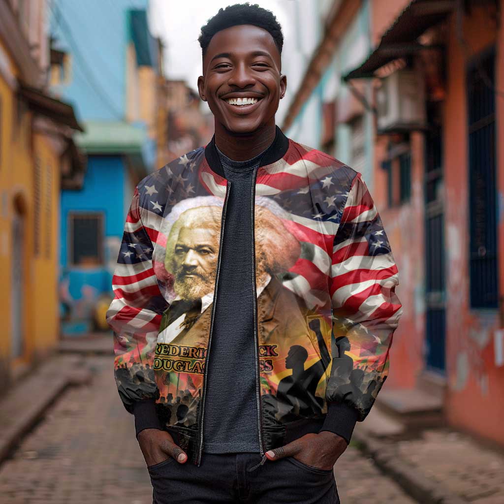 Frederick Douglass Bomber Jacket American Flag Background Powerful Quote Build Strong Children Civil Rights Tribute - African Pride