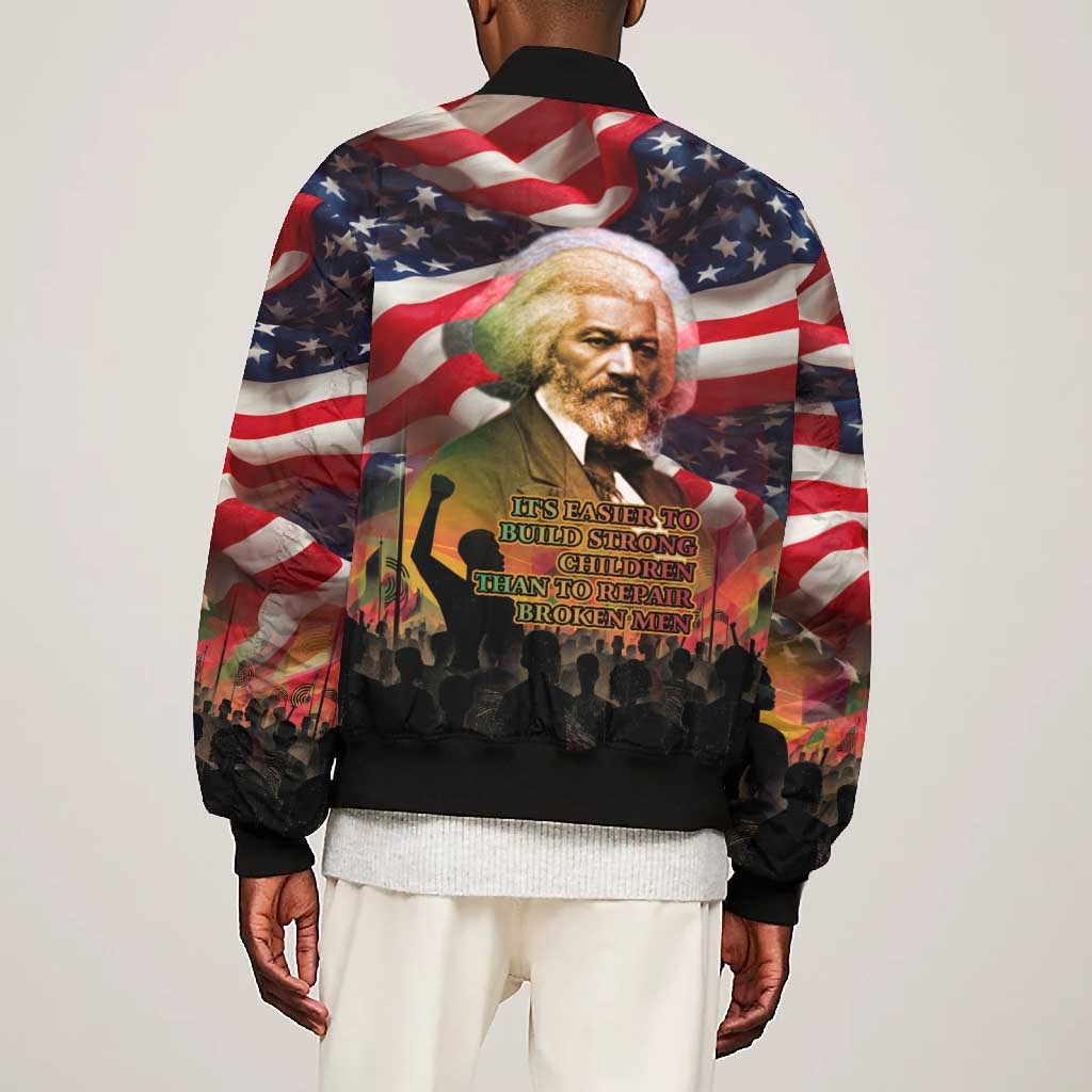 Frederick Douglass Bomber Jacket American Flag Background Powerful Quote Build Strong Children Civil Rights Tribute - African Pride