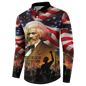 Frederick Douglass Button Sweatshirt American Flag Background Powerful Quote Build Strong Children Civil Rights Tribute