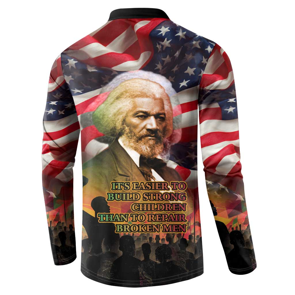 Frederick Douglass Button Sweatshirt American Flag Background Powerful Quote Build Strong Children Civil Rights Tribute
