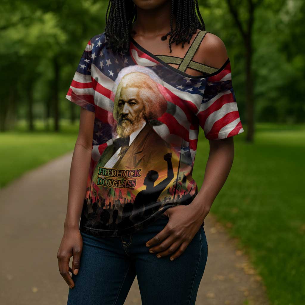Frederick Douglass Cross Shoulder Shirt American Flag Background Powerful Quote Build Strong Children Civil Rights Tribute - African Pride