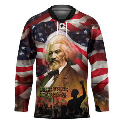 Frederick Douglass Hockey Jersey American Flag Background Powerful Quote Build Strong Children Civil Rights Tribute - African Pride