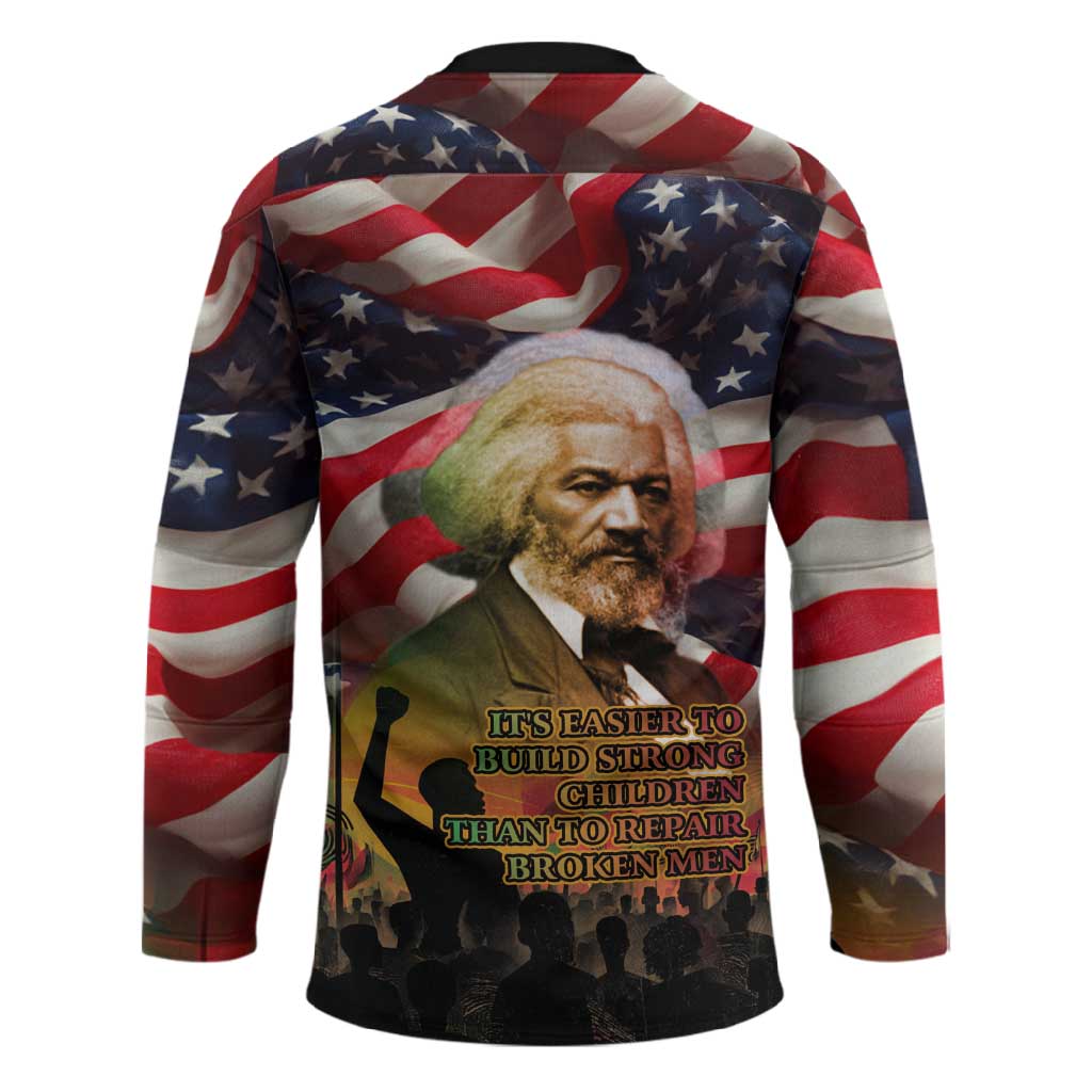 Frederick Douglass Hockey Jersey American Flag Background Powerful Quote Build Strong Children Civil Rights Tribute - African Pride