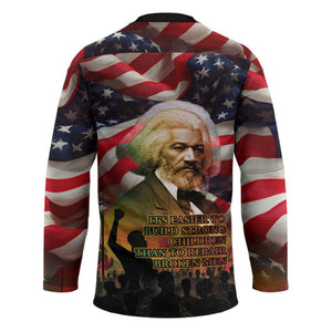 Frederick Douglass Hockey Jersey American Flag Background Powerful Quote Build Strong Children Civil Rights Tribute - African Pride