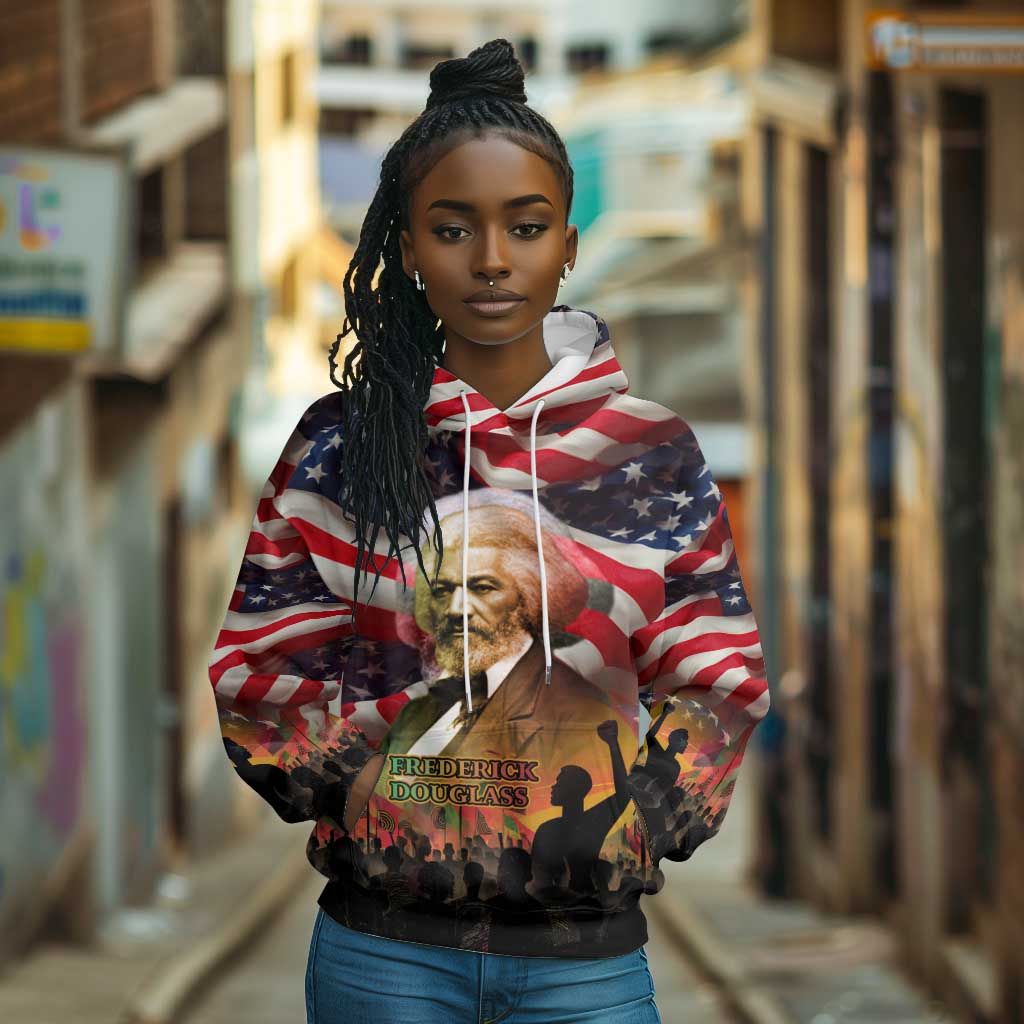 Frederick Douglass Hoodie American Flag Background Powerful Quote Build Strong Children Civil Rights Tribute - African Pride