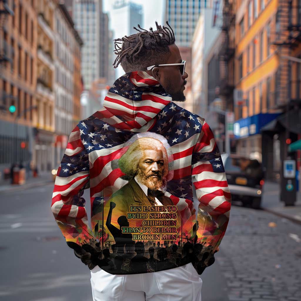 Frederick Douglass Hoodie American Flag Background Powerful Quote Build Strong Children Civil Rights Tribute - African Pride