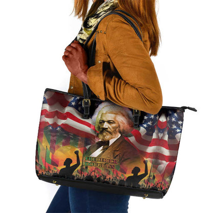 Frederick Douglass Leather Tote Bag American Flag Background Powerful Quote Build Strong Children Civil Rights Tribute - African Pride