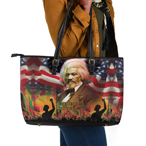 Frederick Douglass Leather Tote Bag American Flag Background Powerful Quote Build Strong Children Civil Rights Tribute - African Pride