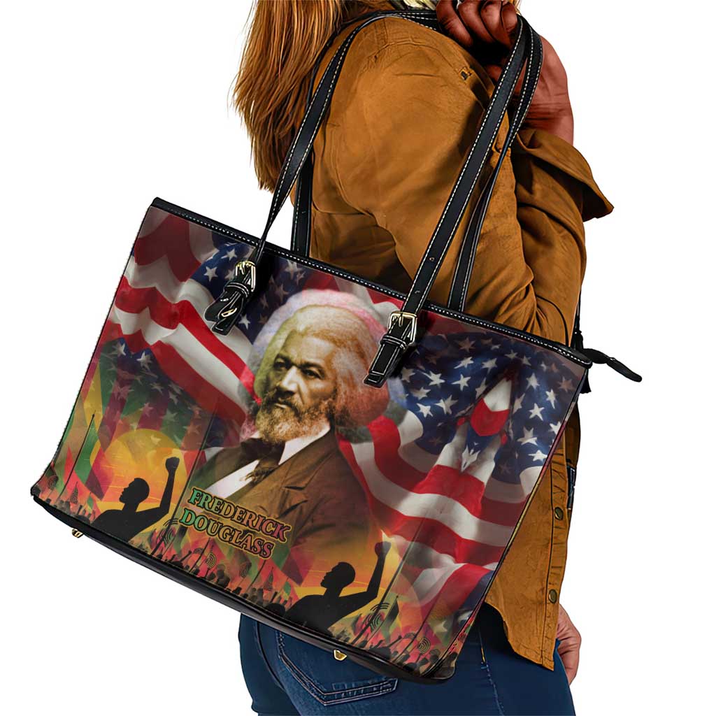 Frederick Douglass Leather Tote Bag American Flag Background Powerful Quote Build Strong Children Civil Rights Tribute - African Pride