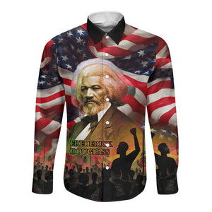 Frederick Douglass Long Sleeve Button Shirt American Flag Background Powerful Quote Build Strong Children Civil Rights Tribute - African Pride