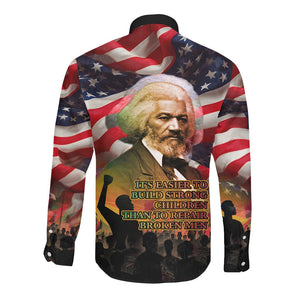 Frederick Douglass Long Sleeve Button Shirt American Flag Background Powerful Quote Build Strong Children Civil Rights Tribute - African Pride