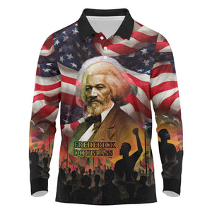 Frederick Douglass Long Sleeve Polo Shirt American Flag Background Powerful Quote Build Strong Children Civil Rights Tribute - African Pride