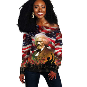 Frederick Douglass Off Shoulder Sweater American Flag Background Powerful Quote Build Strong Children Civil Rights Tribute - African Pride