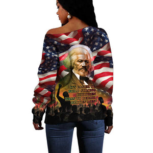 Frederick Douglass Off Shoulder Sweater American Flag Background Powerful Quote Build Strong Children Civil Rights Tribute - African Pride