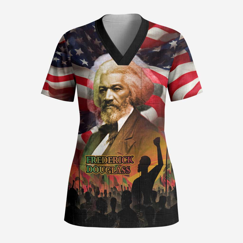 Frederick Douglass Scrub Top American Flag Background Powerful Quote Build Strong Children Civil Rights Tribute - African Pride