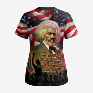 Frederick Douglass Scrub Top American Flag Background Powerful Quote Build Strong Children Civil Rights Tribute - African Pride