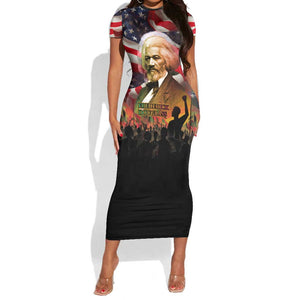 Frederick Douglass Short Sleeve Bodycon Dress American Flag Background Powerful Quote Build Strong Children Civil Rights Tribute TS04