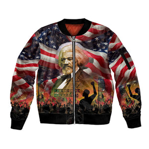 Frederick Douglass Sleeve Zip Bomber Jacket American Flag Background Powerful Quote Build Strong Children Civil Rights Tribute - African Pride