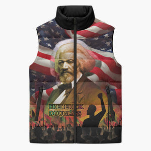 Frederick Douglass Sleeveless Puffer Jacket American Flag Background Powerful Quote Build Strong Children Civil Rights Tribute - African Pride