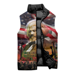 Frederick Douglass Sleeveless Puffer Jacket American Flag Background Powerful Quote Build Strong Children Civil Rights Tribute - African Pride