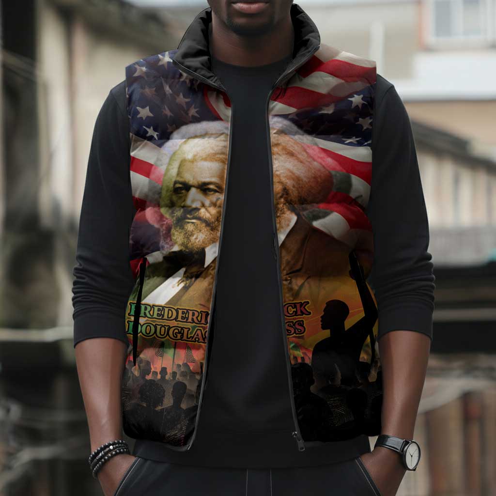 Frederick Douglass Sleeveless Puffer Jacket American Flag Background Powerful Quote Build Strong Children Civil Rights Tribute - African Pride