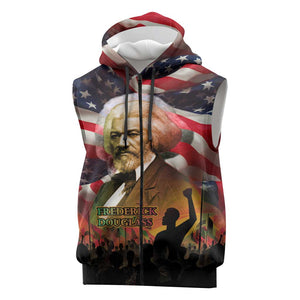 Frederick Douglass Sleeveless Zip Hoodie American Flag Background Powerful Quote Build Strong Children Civil Rights Tribute - African Pride