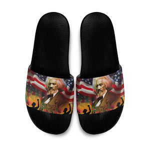 Frederick Douglass Slide Sandals American Flag Background Powerful Quote Build Strong Children Civil Rights Tribute - African Pride