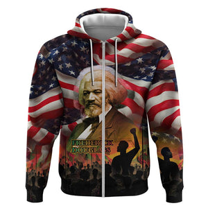 Frederick Douglass Zip Hoodie American Flag Background Powerful Quote Build Strong Children Civil Rights Tribute - African Pride